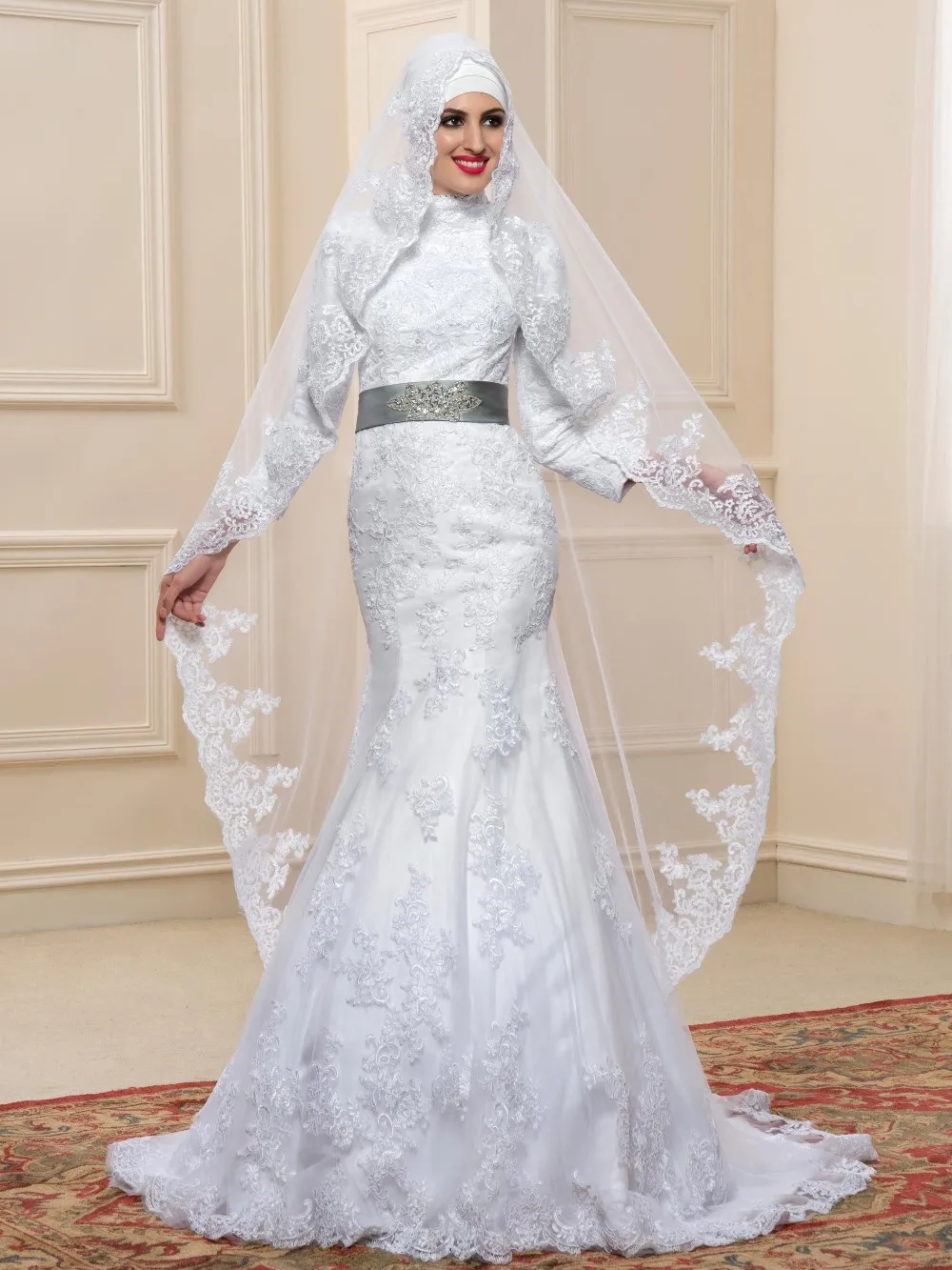 Customs Made Muslim Wedding Dresses 2016 Long Sleeves Appliques Lace 