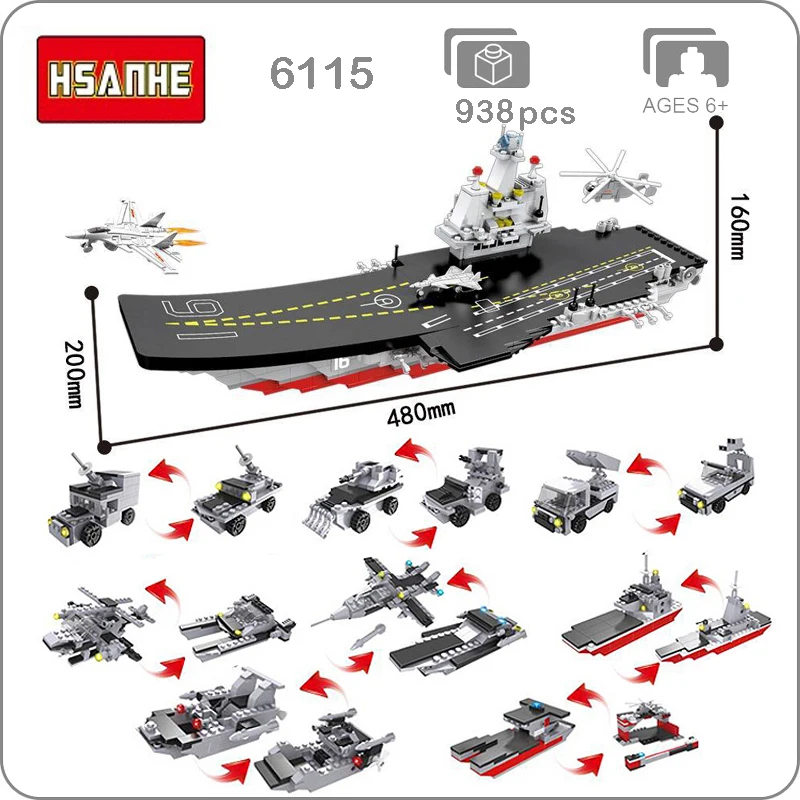 

HSANHE 6115 Military Army 17-in-1 Army Big War Ship Boat Helicopter Plane Tank DIY Blocks Mini Building Toy fit Legoings no Box