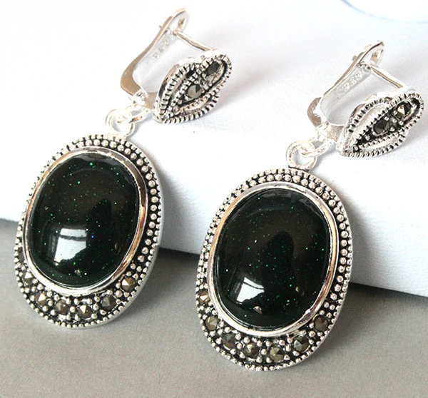 

Fashion 925 Silver Natural Green Sand Stone Marcasite Earrings 11/2