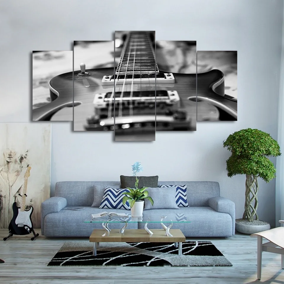 

Home Decor For Living Room HD Printed Music Pictures 5 Pieces Guitar Canvas Painting Vintage Black White Poster Wall Art PENGDA