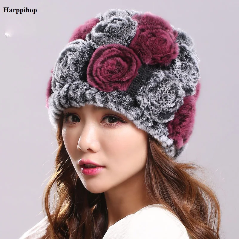 

Women Genuine Knitted Rex Rabbit Fur Hats Natural Stripe Rex Rabbit Fur Caps Lady Winter Warm Real Rabbit Fur Beanies Headwear