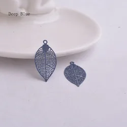 Set of 50 Painted Brass Leaf Charms - Elegant Filigree Pendants (Deep Blue)