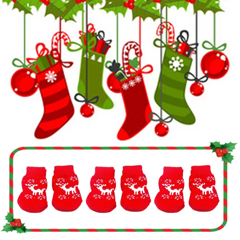 4 шт./компл. новые красные домашние носки для собак противоскользящие толстые теплые хлопковые рождественские носки для домашних животных, щенков, собак, кошек, носки Милая обувь для домашних животных