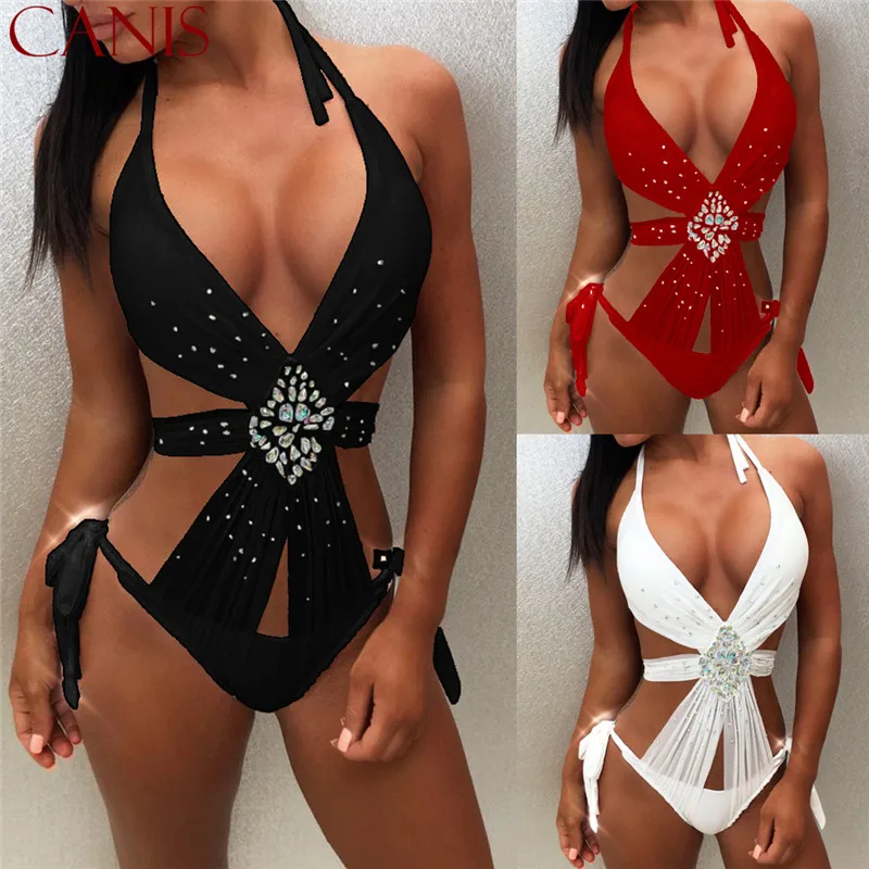 

Sexy One Piece Swimwear Women Solid Push-Up Swimsuit Low Waist Halter Bathing Suits Women Beachwear Exposed Waist Swimsuit Lady