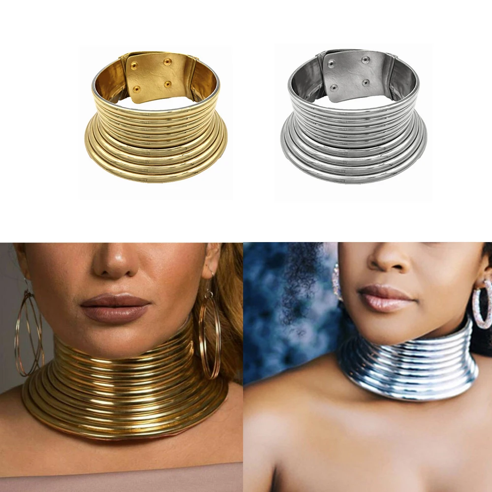 

Design European Africa Choker Necklace Gold Silver Punk Curved Mirrored Metal Torques Collar Necklaces For Women Accessories