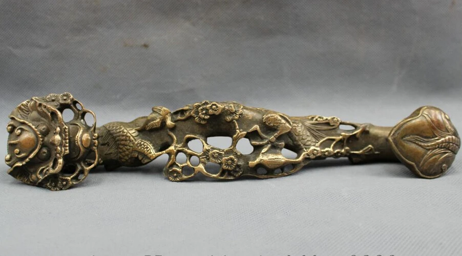 

song voge gem S2323 11" Chinese Bronze Copper Buddhism FengShui Dragon Head Flower Bird Statue