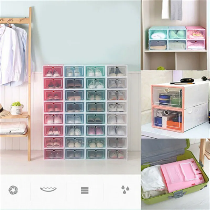 

2019 Clear plastic storage compartment cover for stacking space and saving the main button Portable Shoes Storage Boxes