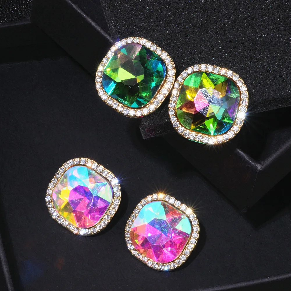 New Fashion Luxury Jewelry Colour Crystal Rhinestone Square Stud Earrings For Woman Gold Color Earring Accessories Brincos WX035