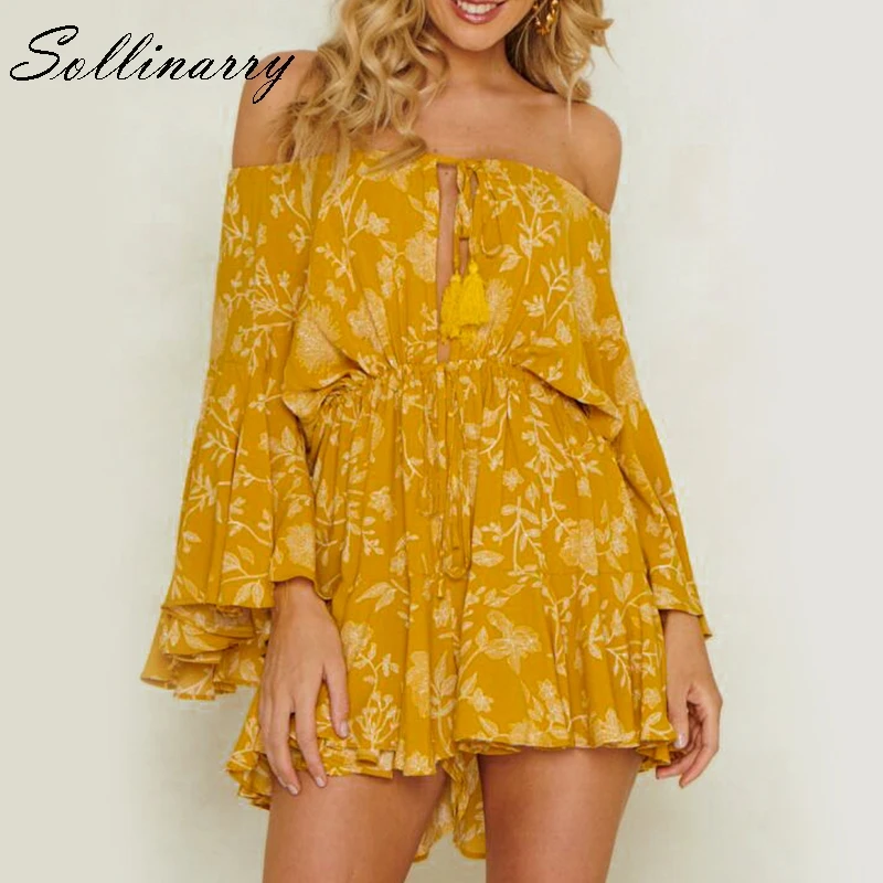 Sollinarry Bohemian Print Off Shoulder Women Playsuits Elegant Casual Flare Sleeve Feminino Beach Short Jumpsuit Rompers Sollinarry Bohemian Print Off Shoulder Women Playsuits Elegant Casual Flare Sleeve Feminino Beach Short Jumpsuit Rompers