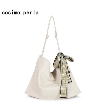 

White Soft Leather Women Designer Tote bags 2020 new fashion purses handbags Bow Ribbon Silk Scarves Shoulder Bags for Ladies
