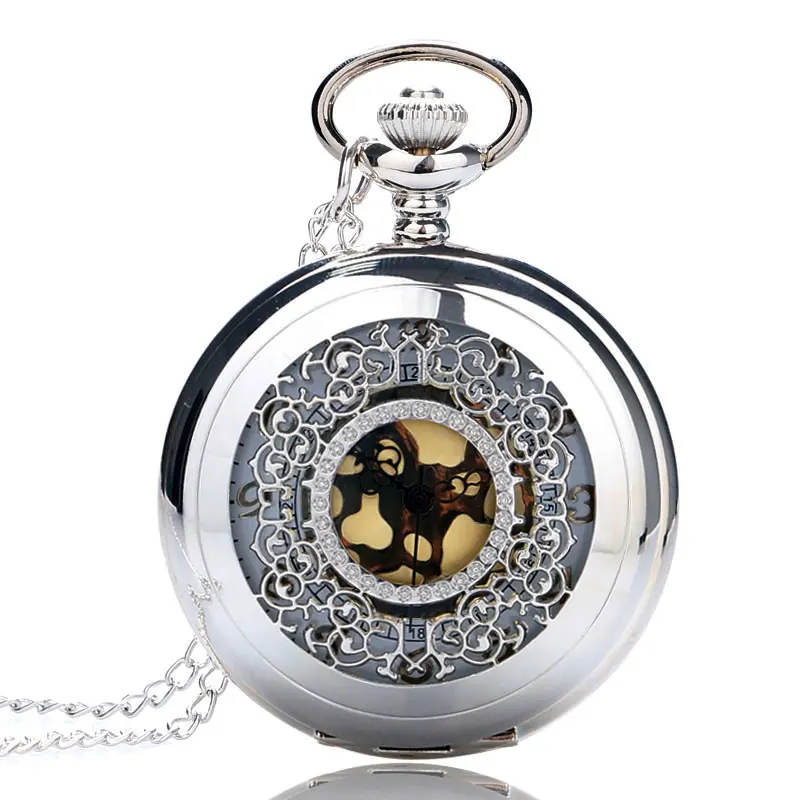 Vintage Pendant Hollow Exquisite Grilles Elegant Retro Gift Men Women Pocket Watch with Silver Quartz Necklace Chain Pocketwatch 2017 Christmas Gifts (1)