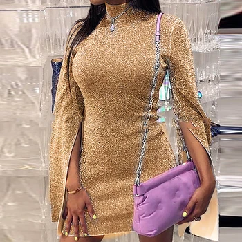 

2019 Spring Sexy Women Dress Half-necked Slit Long Sleeve Ladies Dress Shining Crystal Nightclub Dress Clothing Women's