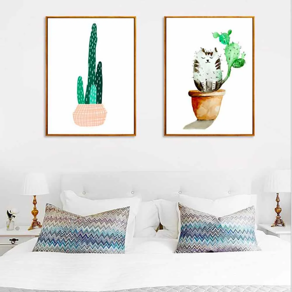 

HAOCHU Cactaceae Cat Painting Poster For Living Room Home Decor Painting Print Poster Simple Nordic Wall Picture Canvas Painting