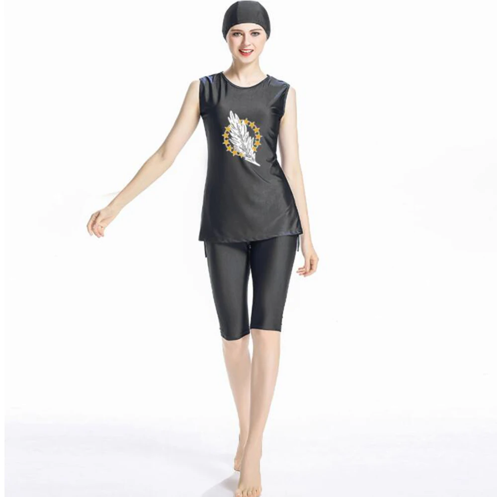 

New Printed Sleeveless Five-pants Conservative Split Muslim Swimwear Women's Islamic Beach Sunscreen Ladies' Swimsuit Clothes