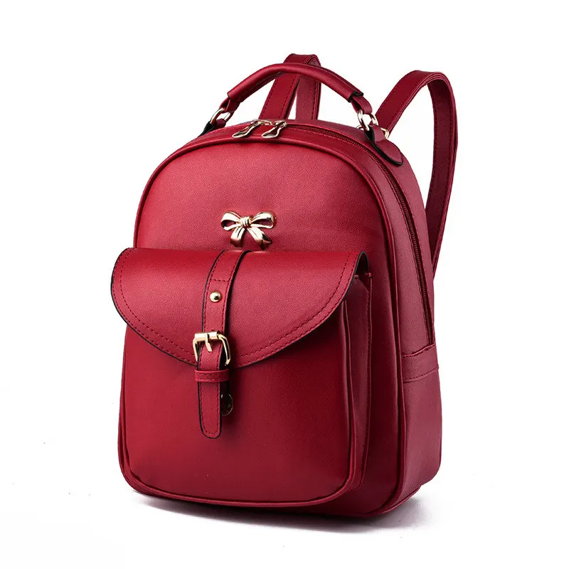 Elegant PU Women Backpacks Wine Red Casual Traveling Bag Adjustable