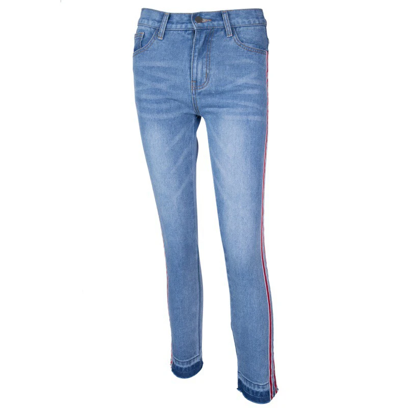 CWLSP 2018 новые модные джинсовые тонкие эластичные женские брюки повседневные Боковые Полосатые брюки высокая посадка на пуговице джинсы
