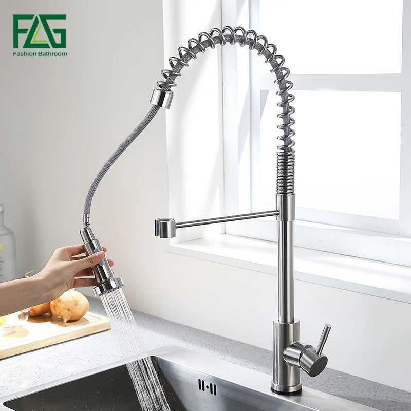 FLG Touch Control Kitchen Faucets Brushed Nickel Spring Style Smart Touch Faucet Pull Down Two Ways Water Outlet Mixer Tap