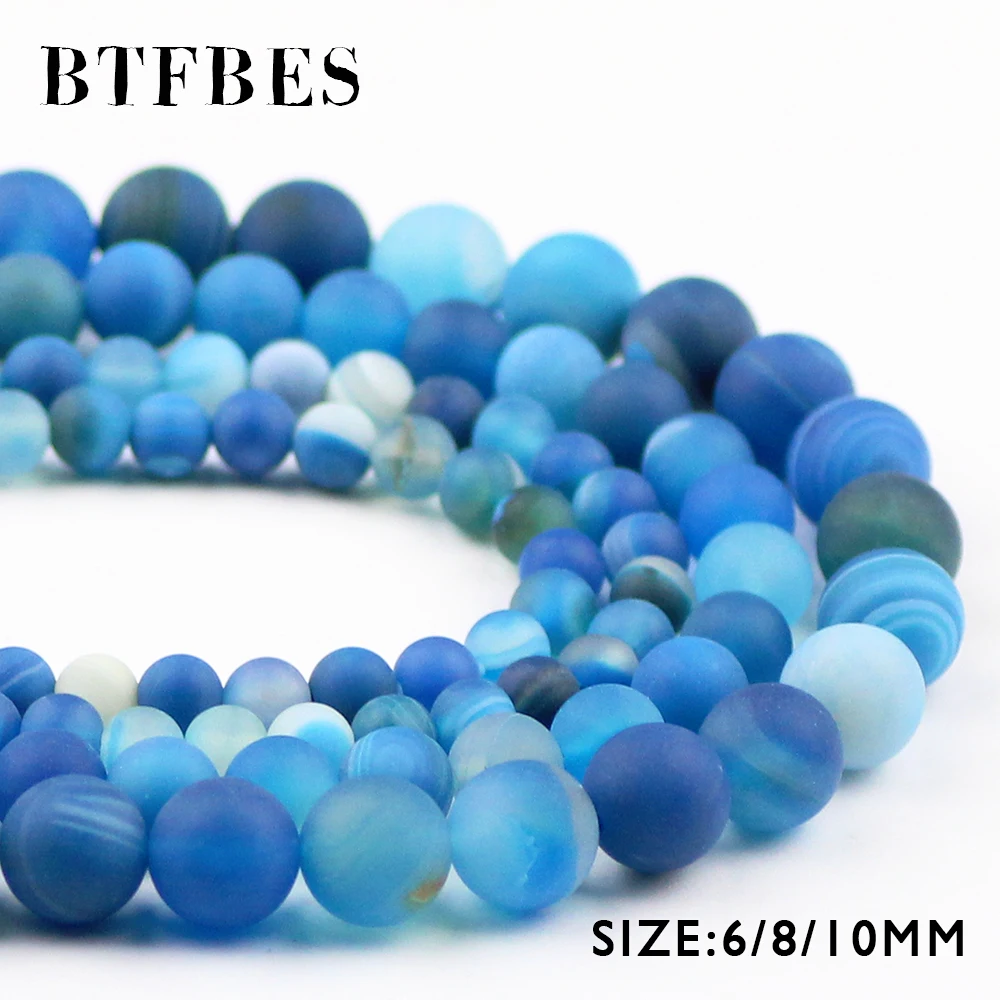 

BTFBES Natural Matte Lake Blue Stripe Carnelian Beads Banded Stone 6 8 10mm Onyx Round Loose Beads Jewelry Bracelet Making DIY