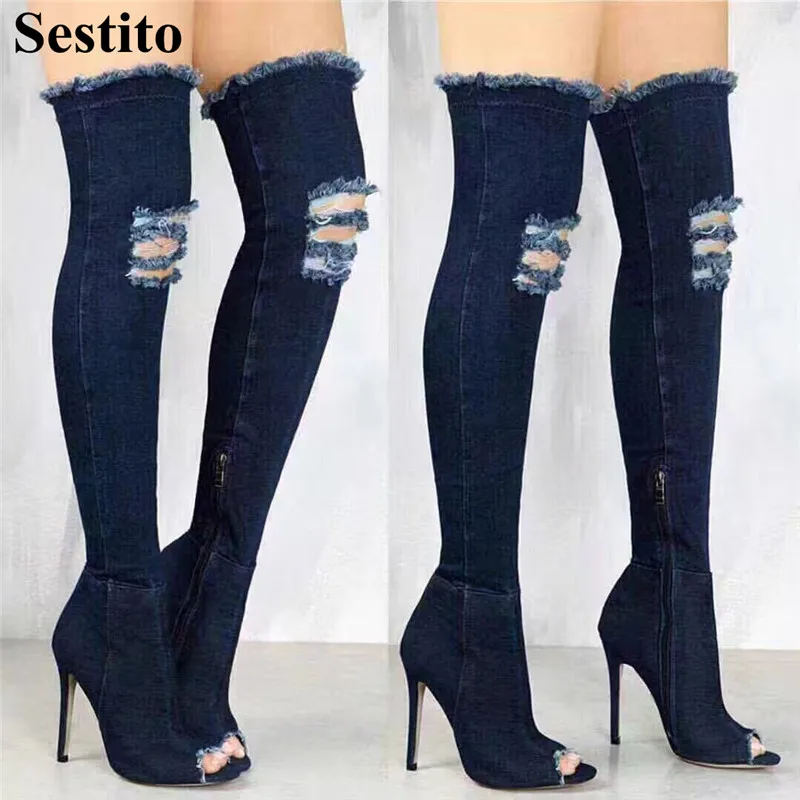

New Fashion Blue Denim Scratch Hollow Peep Toe Boots Thin Heels Over-the-Knee Boots For Women Zip Long Boots Casual Women Shoes