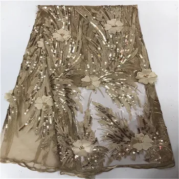 

High Quality sequins Nigerian Mesh Lace Fabrics 3D Flower African French Guipure Lace Fabric With Beads Embroidered Lace Dress