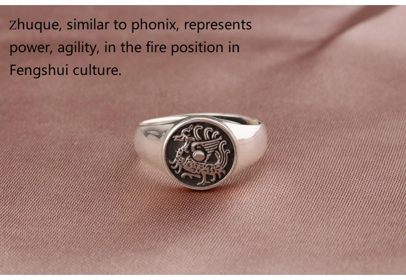 990 серебряное кольцо Счастливый тигр дракон кольцо четыре Мифические животные 925 пробы Серебряное кольцо на удачу - Цвет основного камня: Zhuque