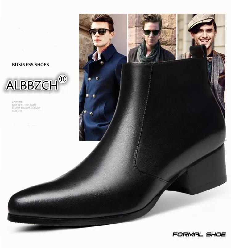 Autumn winter mens pointed toe genuine leather ankle boots men high heels quality wedding dress shoes career work boots botas 44
