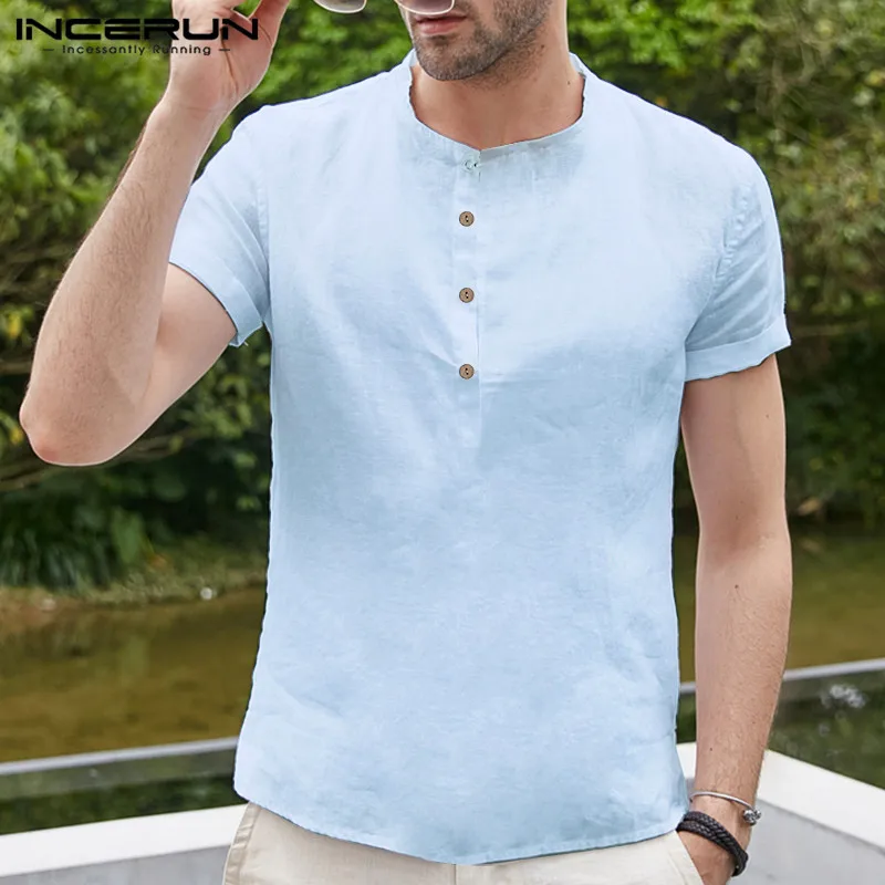 INCERUN/Мужская рубашка в винтажном стиле; Однотонная рубашка с воротником-стойкой; шикарные пуловеры с короткими рукавами; уличная брендовая