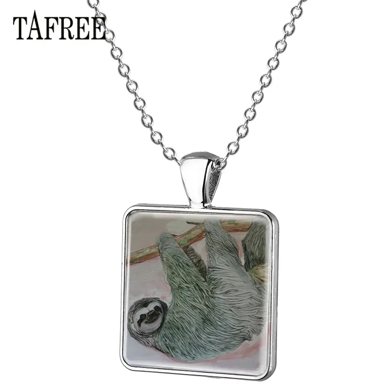 

TAFREE South America Sloth Pendant Necklace Small Fast-moving Animal Glass Cabochon Pattern Necklace Chain Jewelry ZZ58