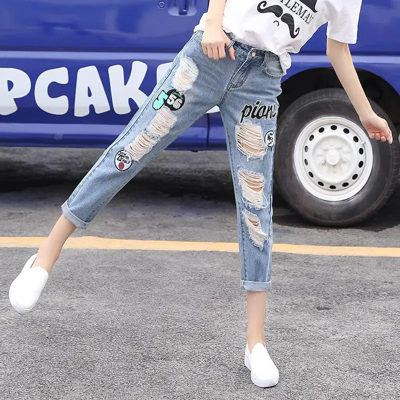 

Nonis Mid Waist Loose Ripped Holes Destroyed Embroidery Women Jeans Denim Pants Boyfriend Trousers Ladies Casual No Stretch