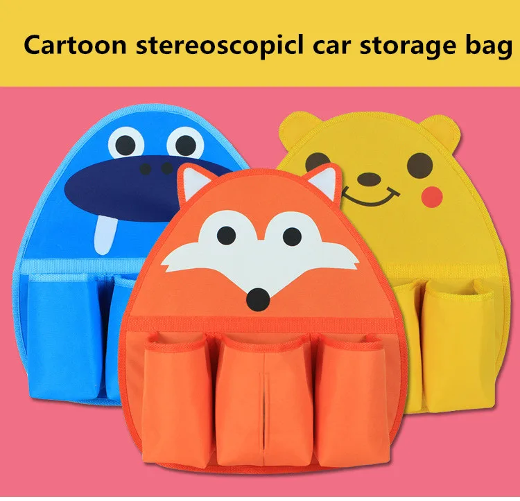 Oxford Cartoon Fox Car Organizer For Kids Water Bottle Tissue Pocket