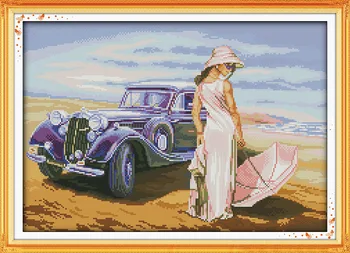 

Car model on the beach Printed Canvas DMC Counted Chinese Cross Stitch Kits printed Cross-stitch set Embroidery Needlework