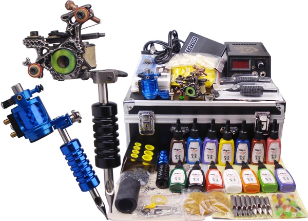 

Professional 2 Machines Tattoo Gun Pen ROTARY Machine Power 14 Colors Inks Foot switch Needles Set with Carrying Box