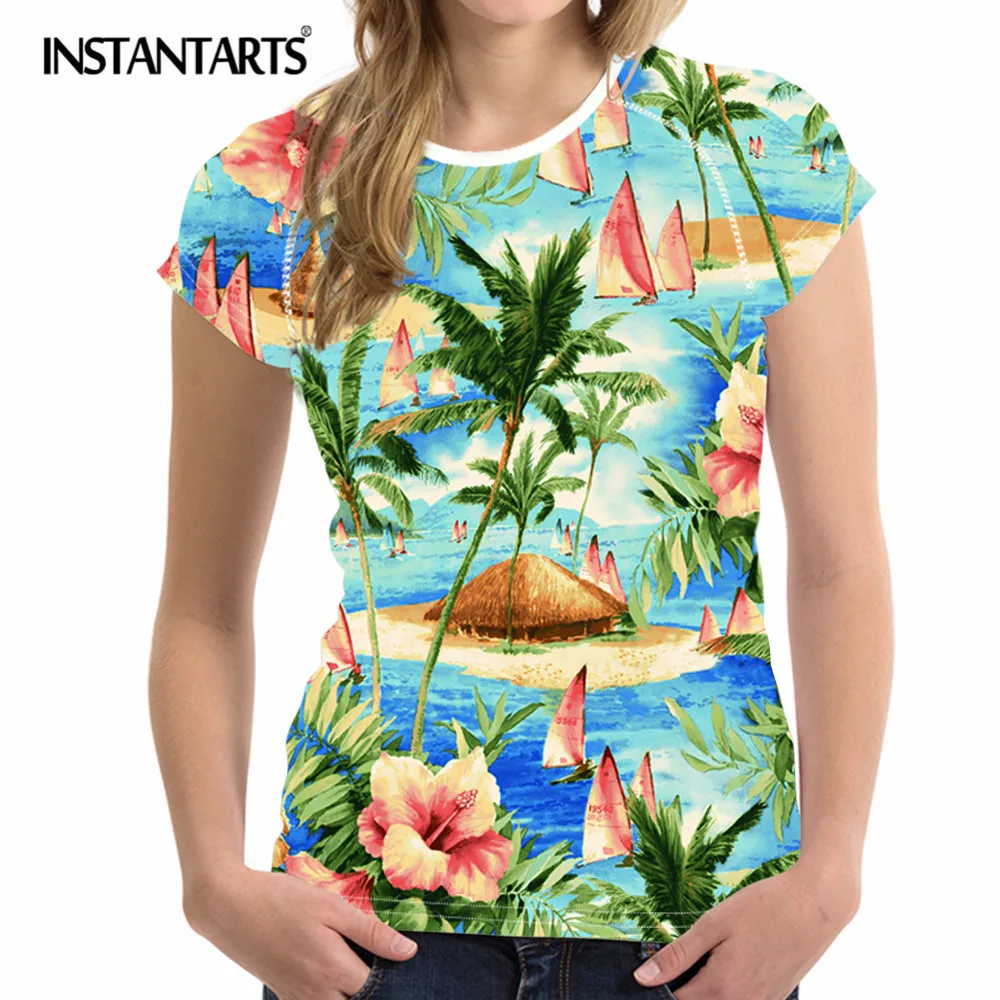 INSTANTARTS Summer Hawaiian Women Short Sleeve T Shirt Tropical Forest