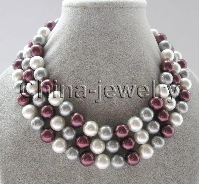 

Free shipping@@@@@ A50" longer 12mm white gray wine-red perfect round south sea shell pearl necklace a 6.08