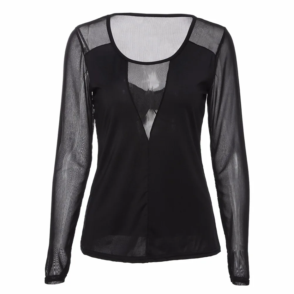 Sexy Black Mesh Hollow Out T Shirt Women Spring Summer Fashion Solid O