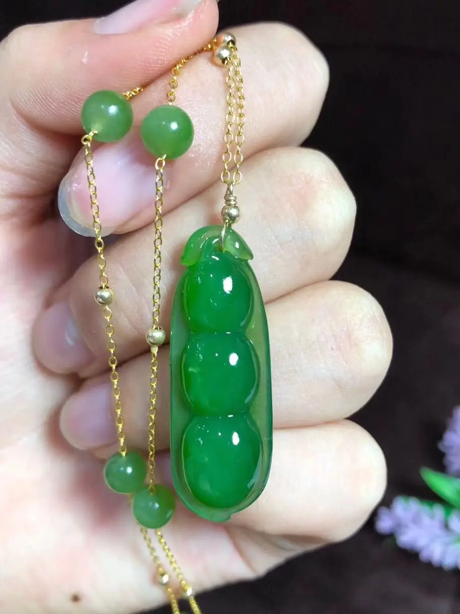 

Zhe Ru Jewelry 18k Gold Inlay Natural Hetian Jasper Spinach Green Good Luck Bean Pendant Necklace Sexy Clavicle Chain