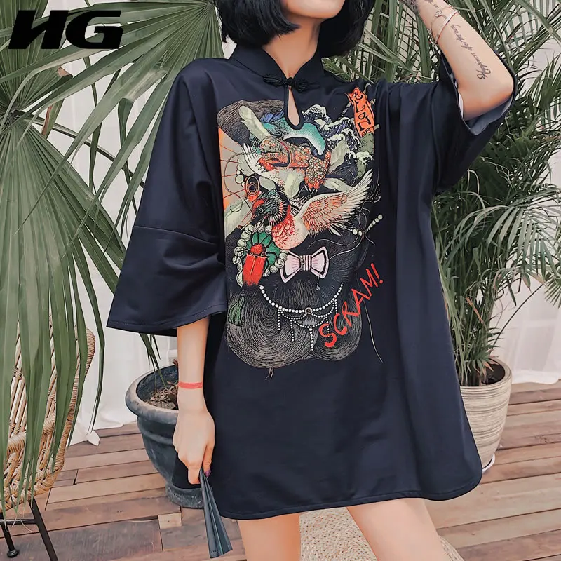 

HG Chinese Style Retro Black Mini Dress Abstract Print Letter Women Clothes 2019 New Autumn Loose Slim Fit Pullover WLD1821