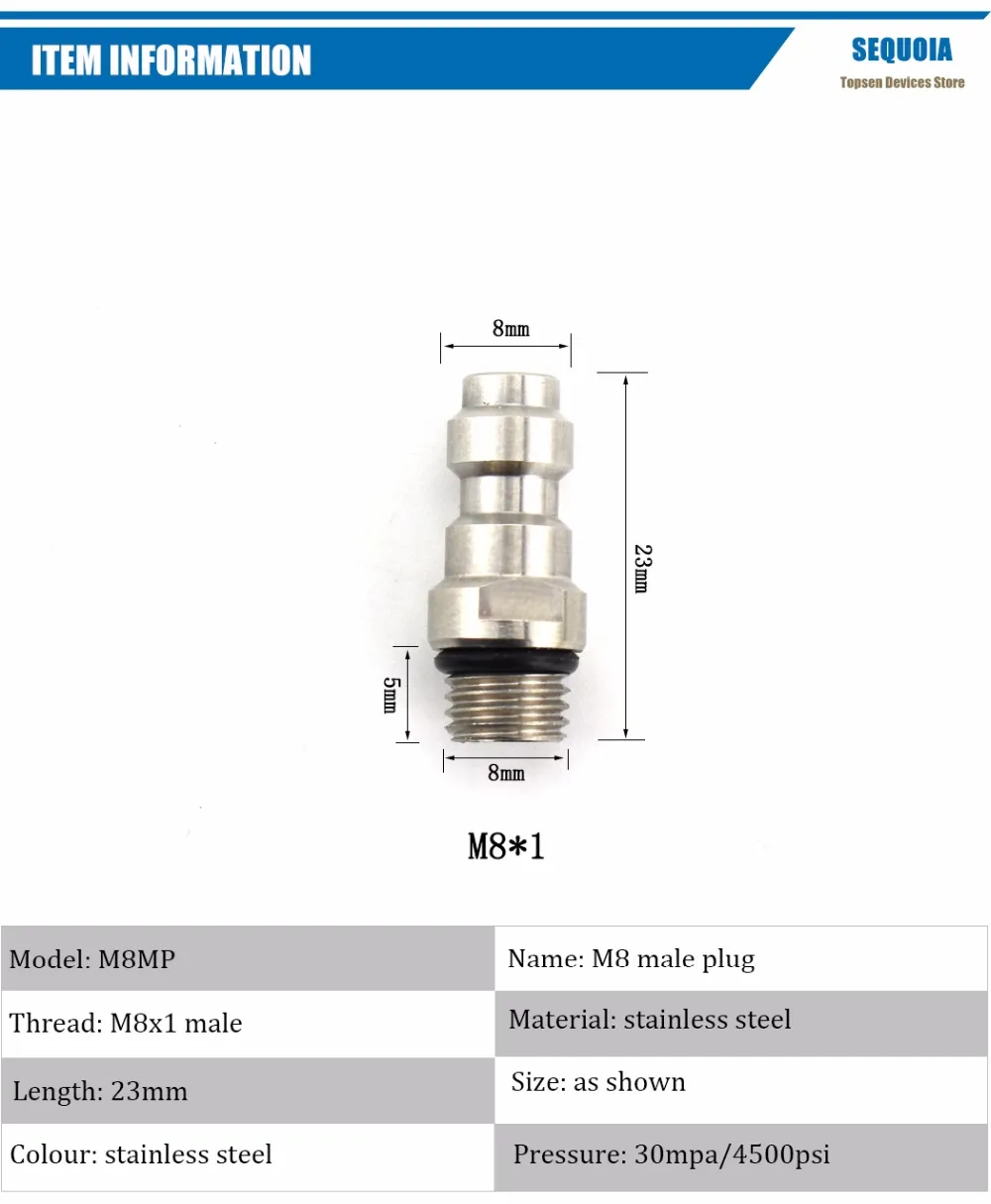 8 мм M8x1 штекер Адаптера фитинги PCP Airforce Пейнтбол пневматический быстроразъемный соединитель заполнения соска Нержавеющая сталь M8MP 3 шт./1