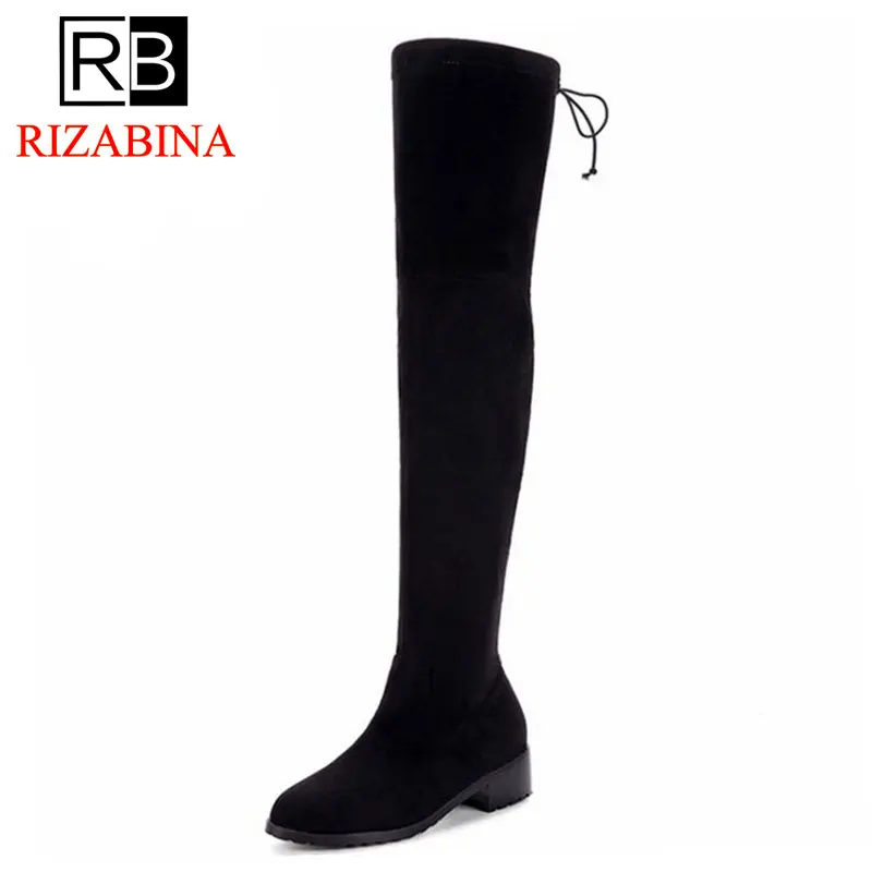 

RIZABINA Plus Size 32-50 Winter Elastic Boots Women Med Heel Over Knee Boots Female Back Strap Winter Shoes Women Long Botas