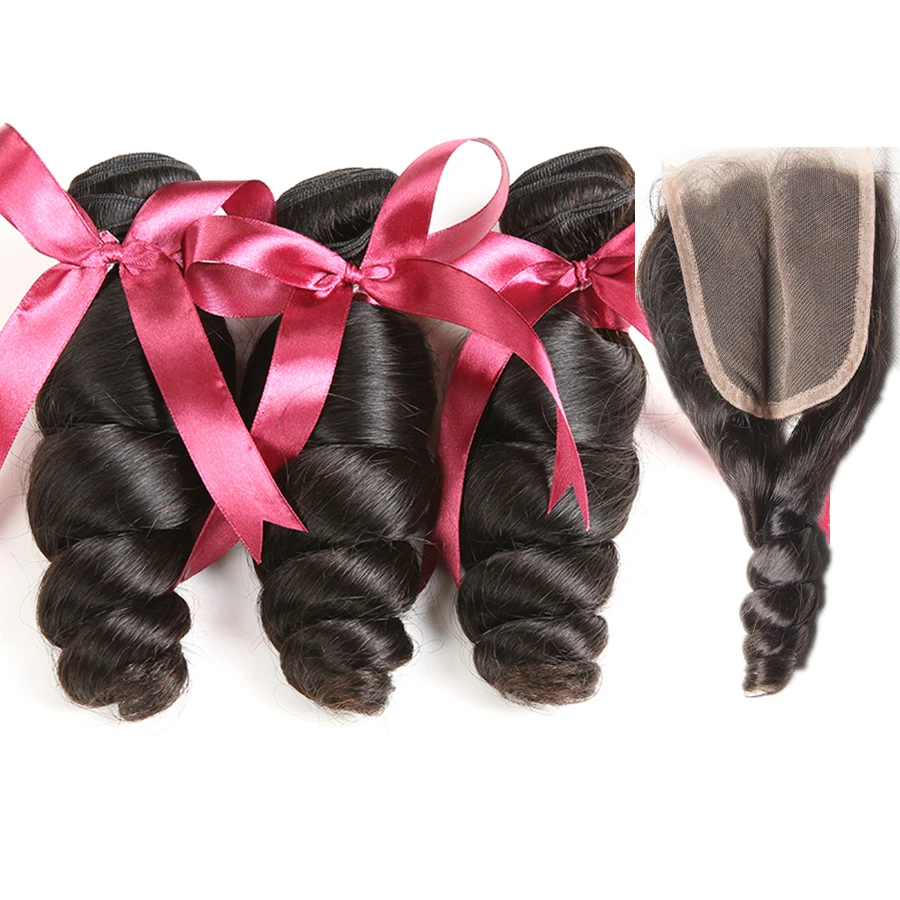 

Karizma Peruvian Loose Wave Bundles With Closure Human Hair Weave Bundles With Closure 4Pcs Non Remy Hair Extension Can Be Dyed