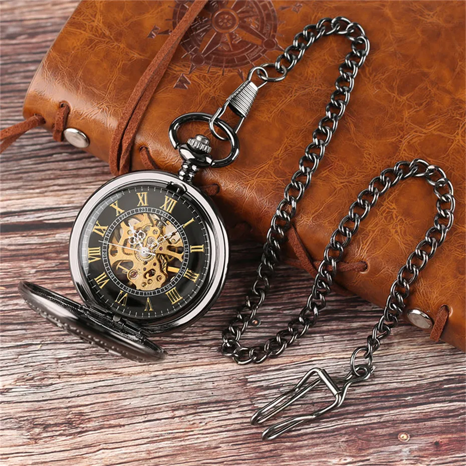 Vintage Black Hollow Gear Carving Hand Wind Mechanical Pocket Watch Skeleton Steampunk Roman Number Luxury Pendant Chain Gifts (1)