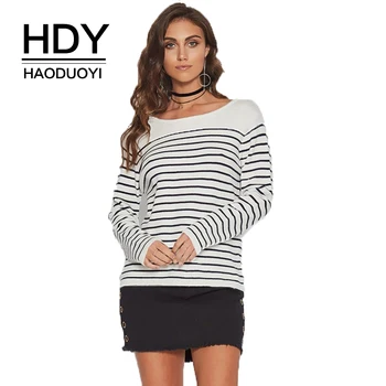 

HDY Haoduoyi Brand Women Striped Casual Sweaters O-Neck Split Back Lace Up Lady Sexy Pullovers Lady Fashion Soft Loose Tops