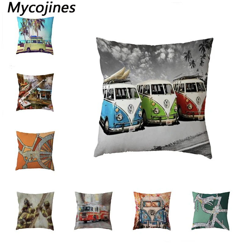 

BUS Fire Truck Cushion Cover 45cm Polyester Peach Skin Car Bus Bicycle Pattern Pillowcase Family Room Sofa Chair Decoration