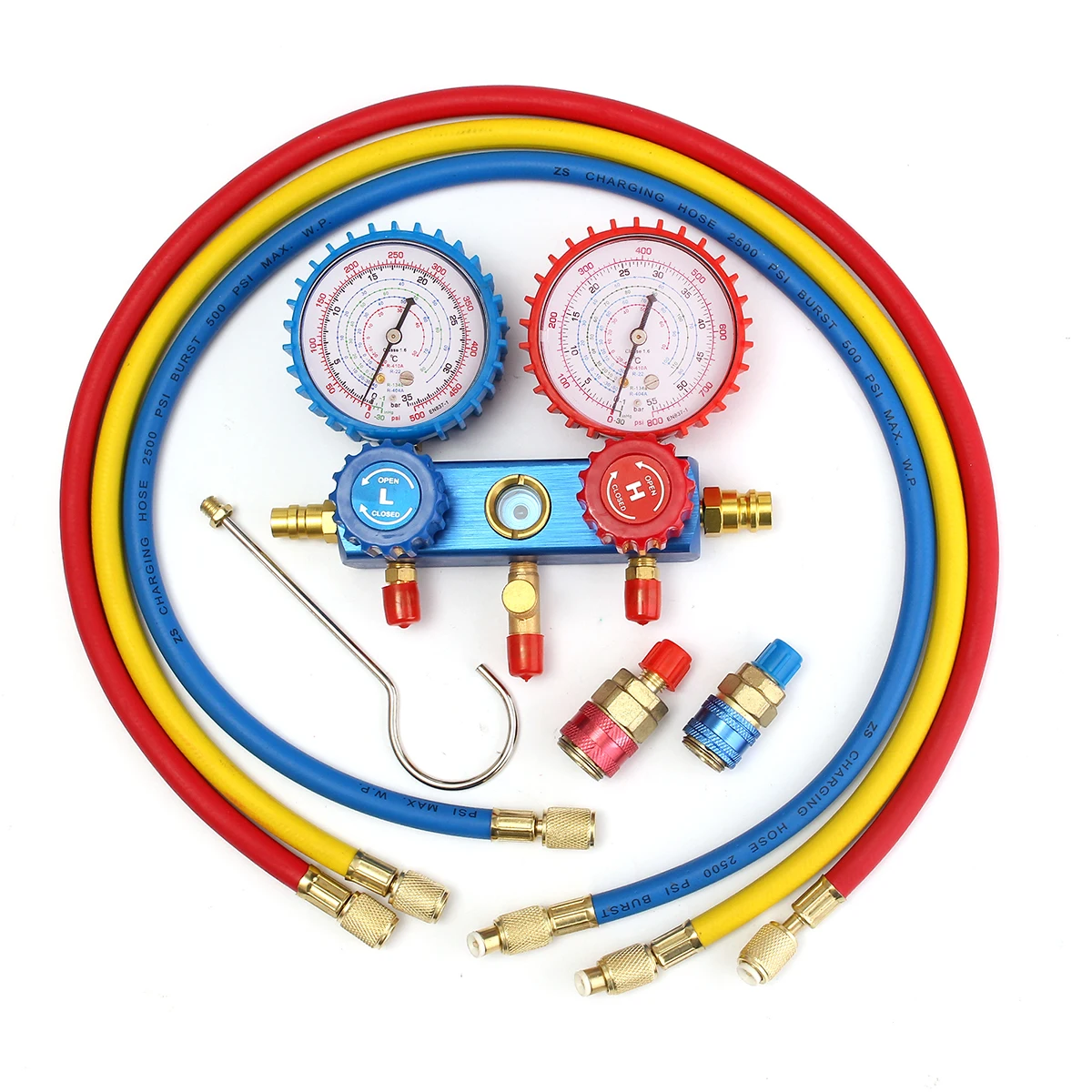 

Manifold Gauge Set A/C R134A with 2 Quick Coupler Cable Set for R134A Air-conditioning Refrigeration Auto Manifold Gauge