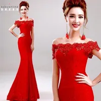 In Stock Elegant Crystals Lace Mermaid Red Long Evening Dress 2015 Cheap Price Off The Shoulder Prom Dresses Robe De Soiree