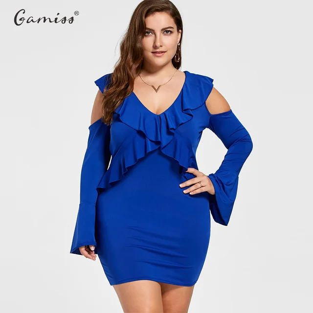 Cold Shoulder Ruffled Dress Maxi Bodycon Dress Women Dark Blue Casual Sexy Sheath Dress
