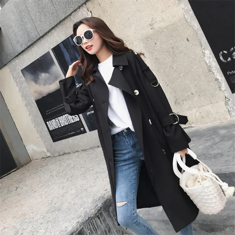 Survêtement Automne H287 D'affaires Noir Lâche Couleur 2018 kaki Femmes Avec Longue Femelle gray Ceinture Breasted Solide Manteau Blue Double Tranchée Classique Bureau adpxgd4