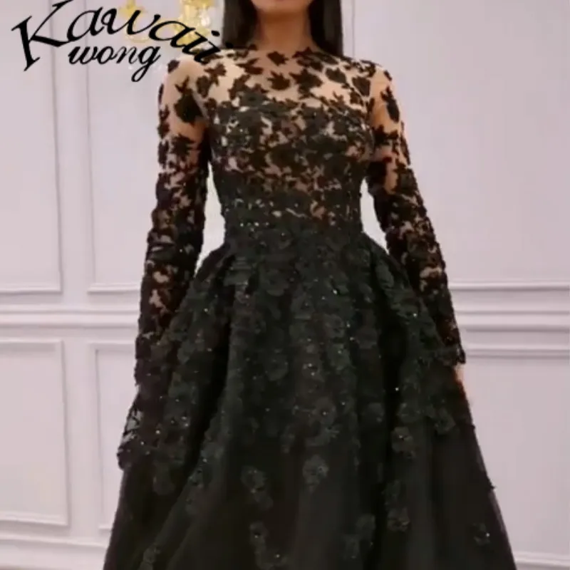 

Long Evening Gowns 2019 New Elegant A-Line casual Lace Dress Party Formal With Sleeve Robe De Soiree KW0017