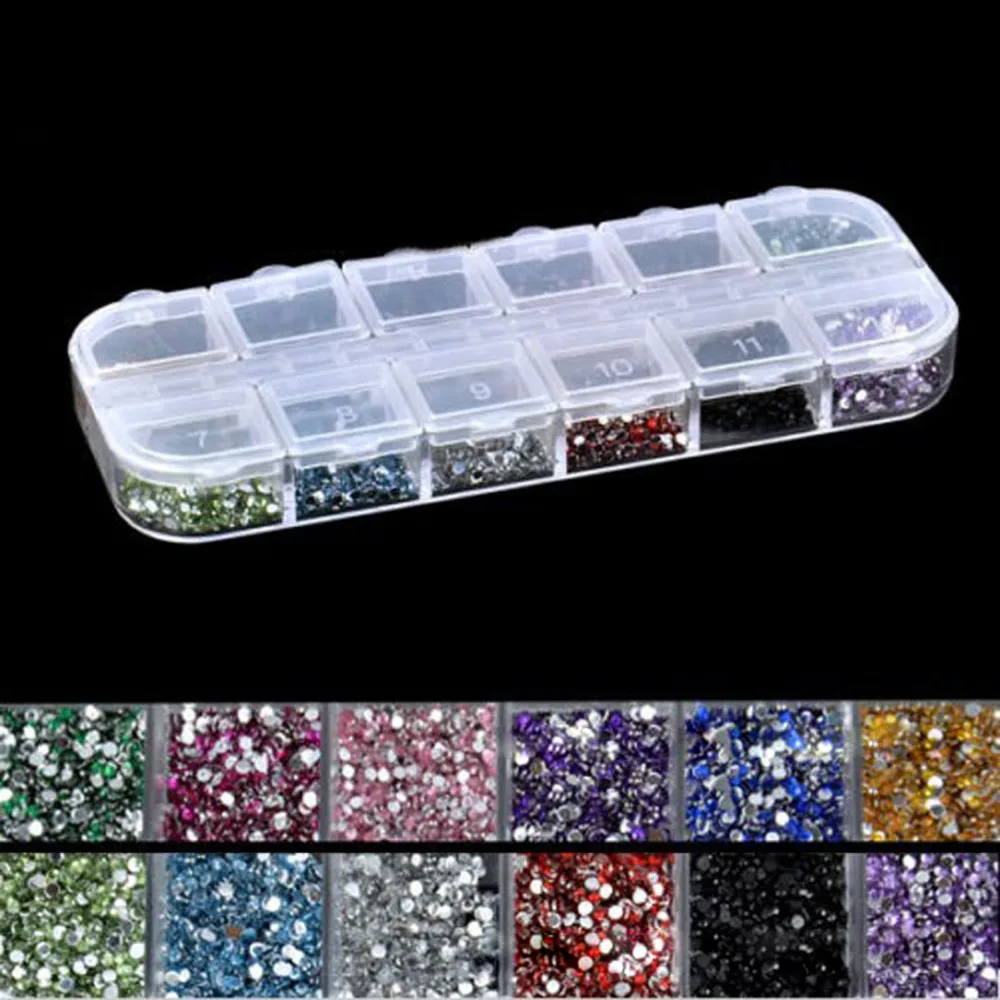 Mix 12 Color 2mm Circle Beads Nail Art Tips Rhinestones Glitters