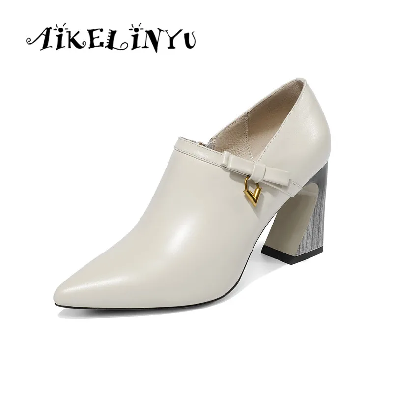

AIKELINYU 2019 New Spring Women Genuine Leather Shoes 7.5 Cm Wedding High Heels Women Shoes Size 34 -43 Block Heel Pumps Shoes